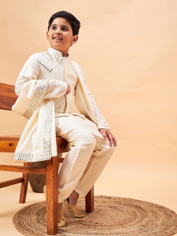 Boy's Cream Mirror Work Jacket And Solid Kurta Pyjama Set With Ethnic Dupatta